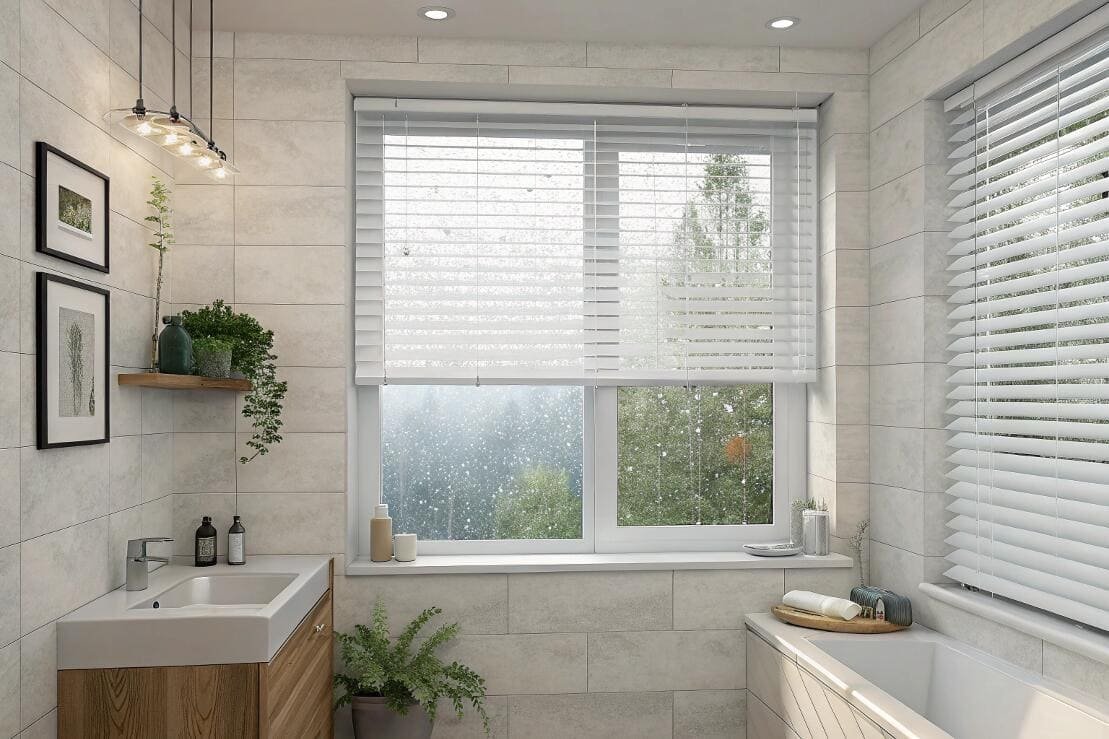 Durable white faux wood blinds offer privacy and moisture resistance in a modern bathroom.
