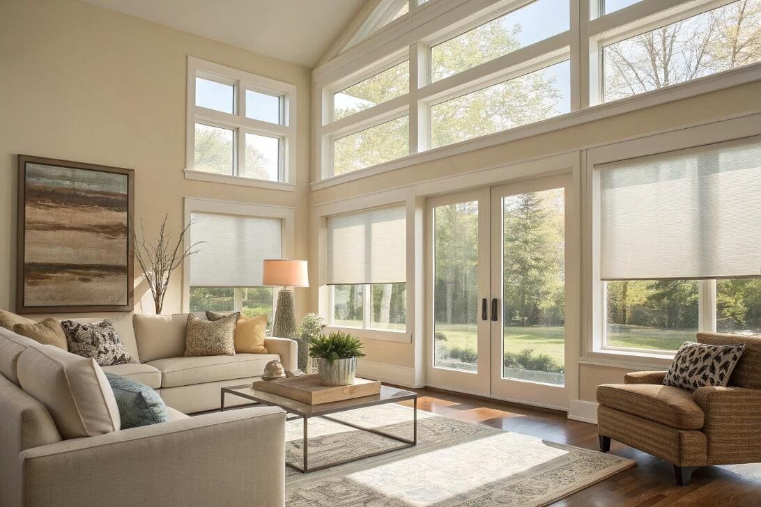 Light-filtering solar shades manage glare in a bright, modern great room with high ceilings.