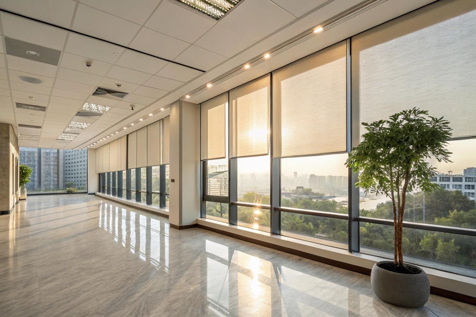 Light-filtering solar shades provide uniform glare control for a large commercial building corridor.