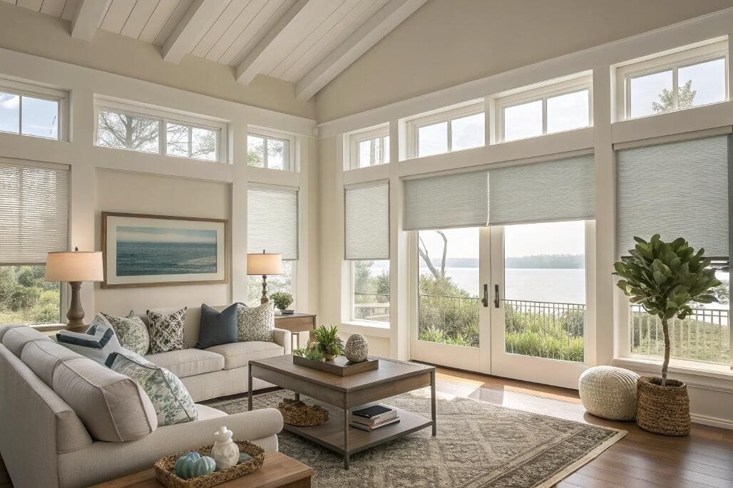 Top-down bottom-up cellular shades manage light in a coastal living room with high ceilings.