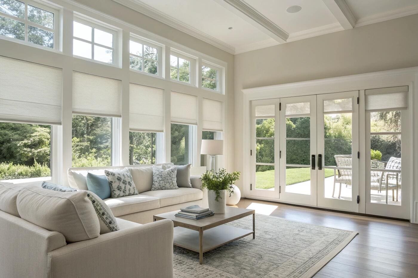 Elegant light-filtering Roman shades provide privacy for a high-end residential living room.