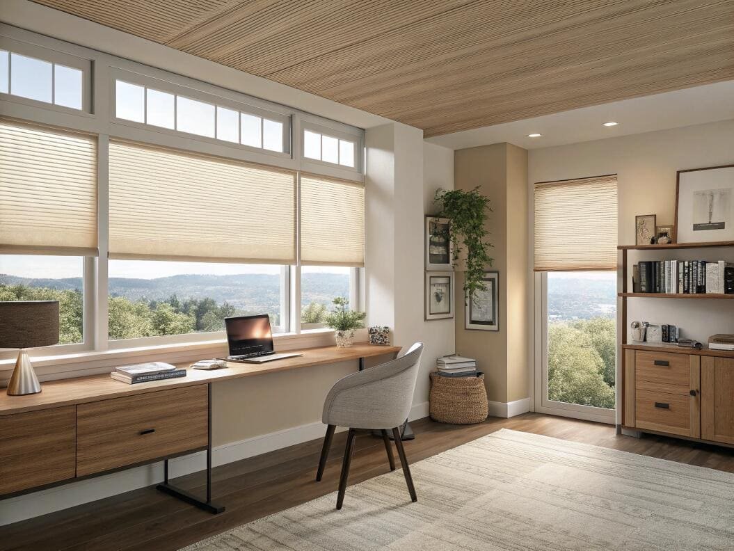 Energy-efficient honeycomb shades offer soft, natural light for a comfortable home office.