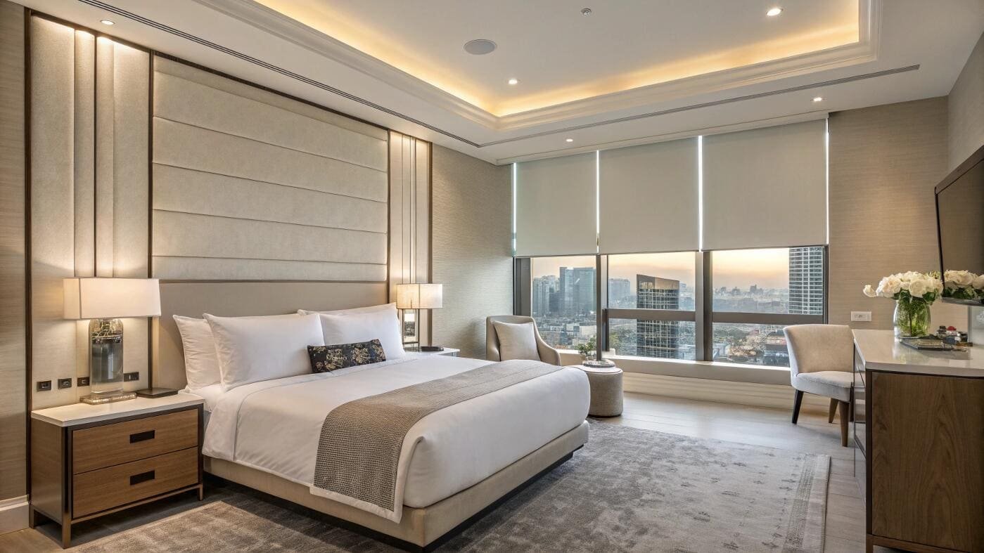 Light-filtering roller shades provide privacy and ambiance in a luxury hotel bedroom.