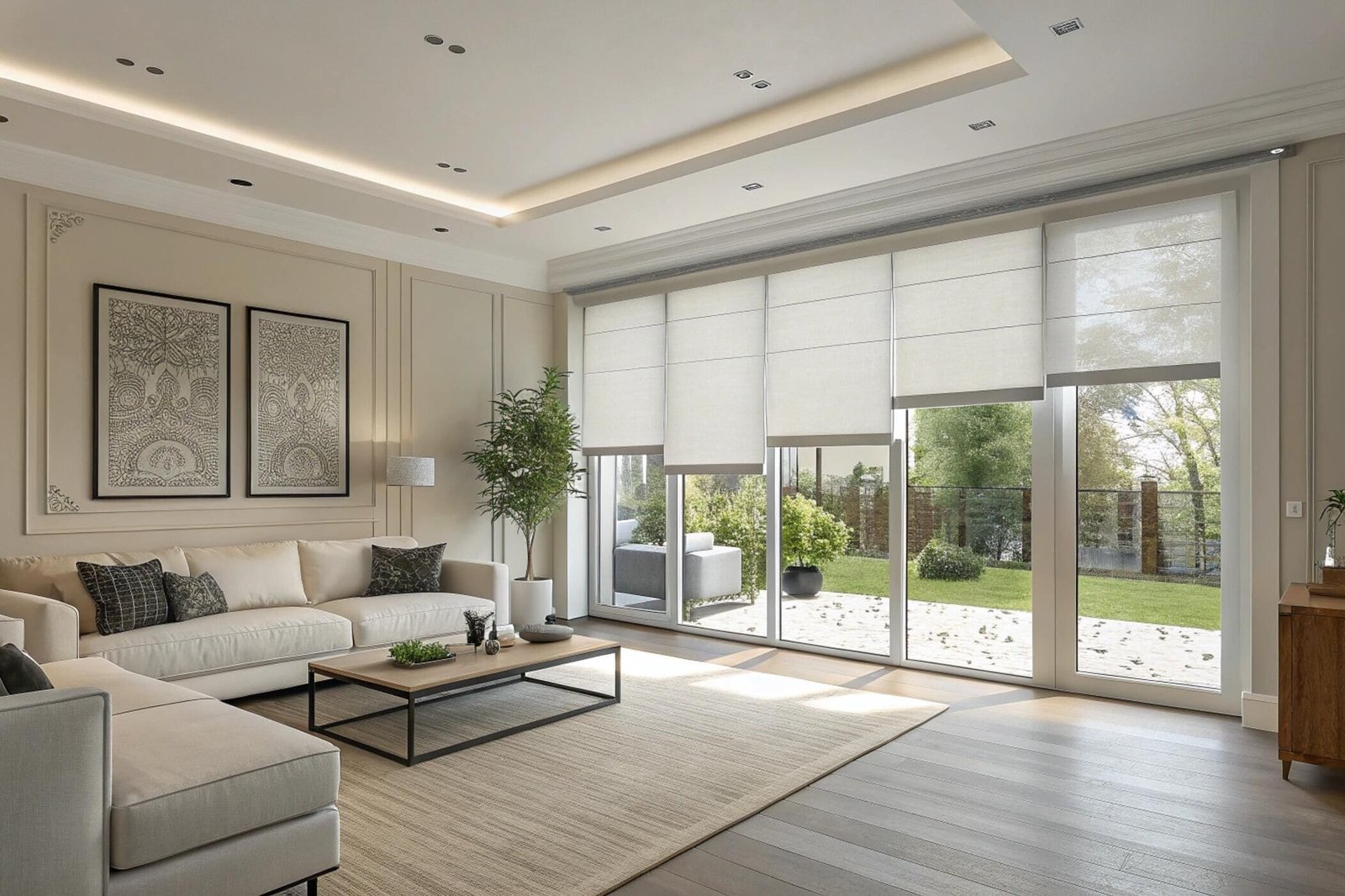Light-filtering Roman shades create a seamless look across floor-to-ceiling living room windows.