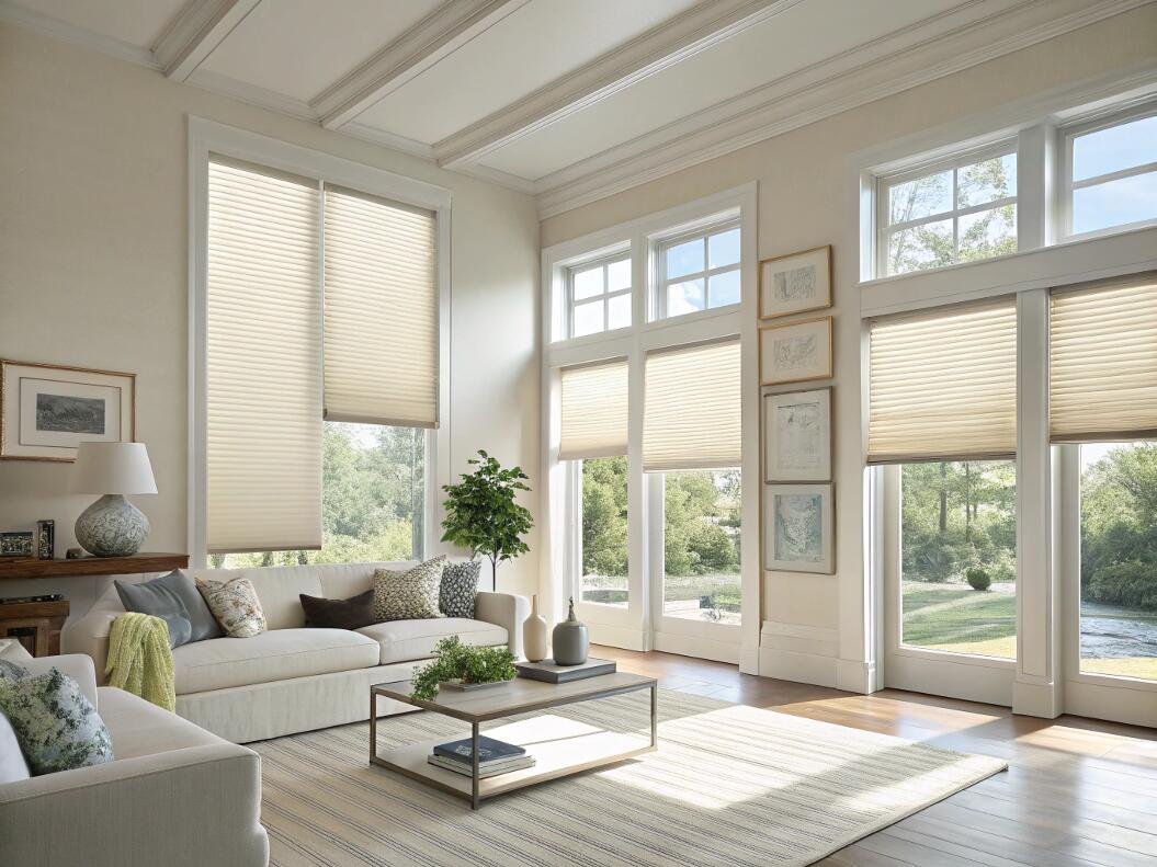 Light-filtering cellular shades provide energy efficiency for a grand, high-ceiling living room.