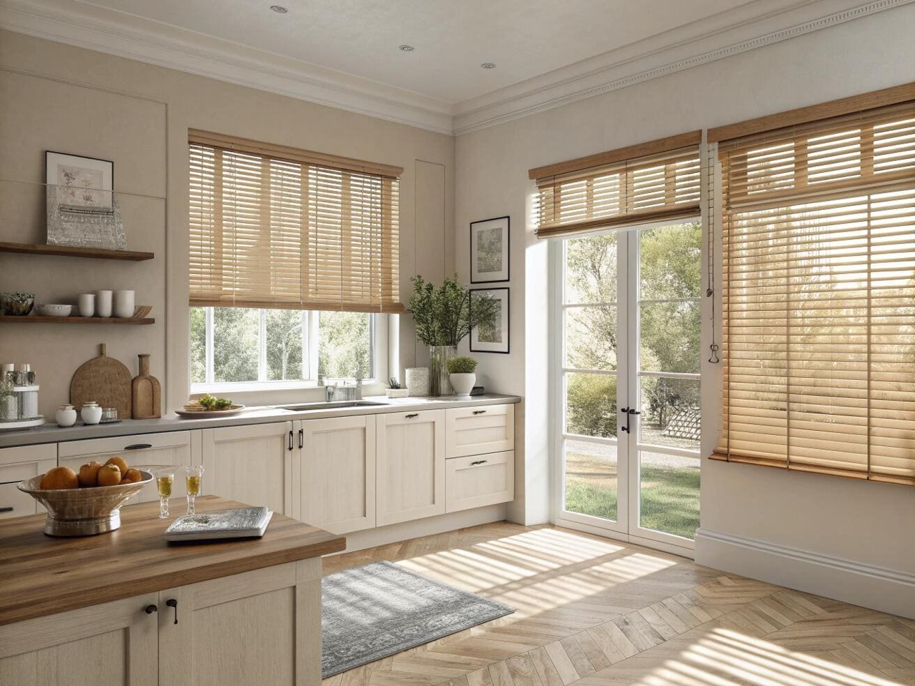 Natural wood blinds provide adjustable light and warmth in a classic farmhouse kitchen.
