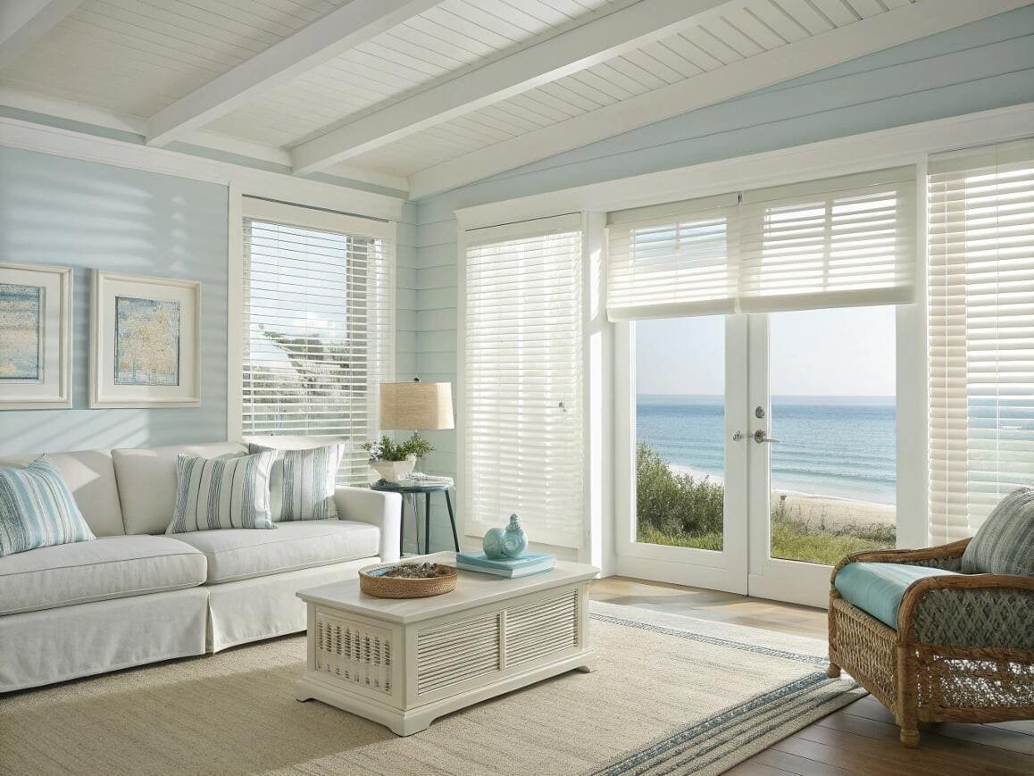White faux wood blinds create a classic, airy feel in a coastal living room.
