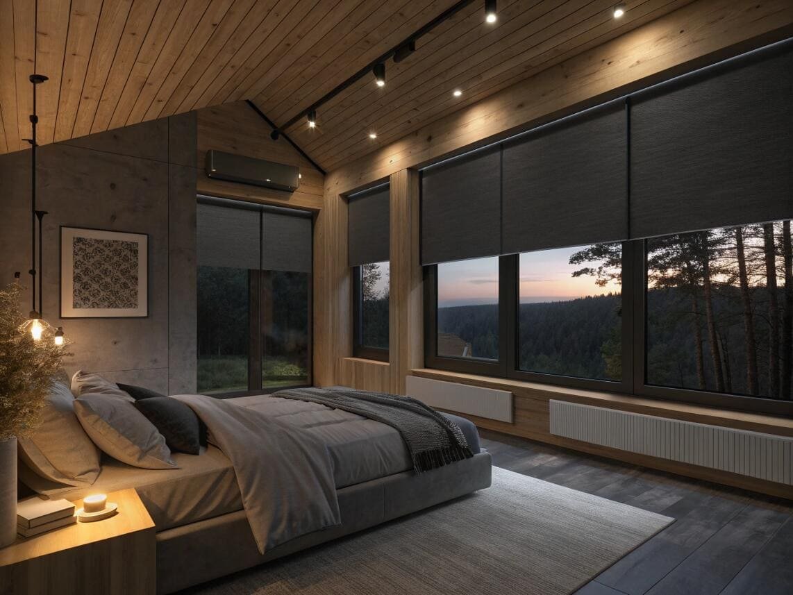Blackout roller shades create total darkness in a modern rustic bedroom with wood accents.
