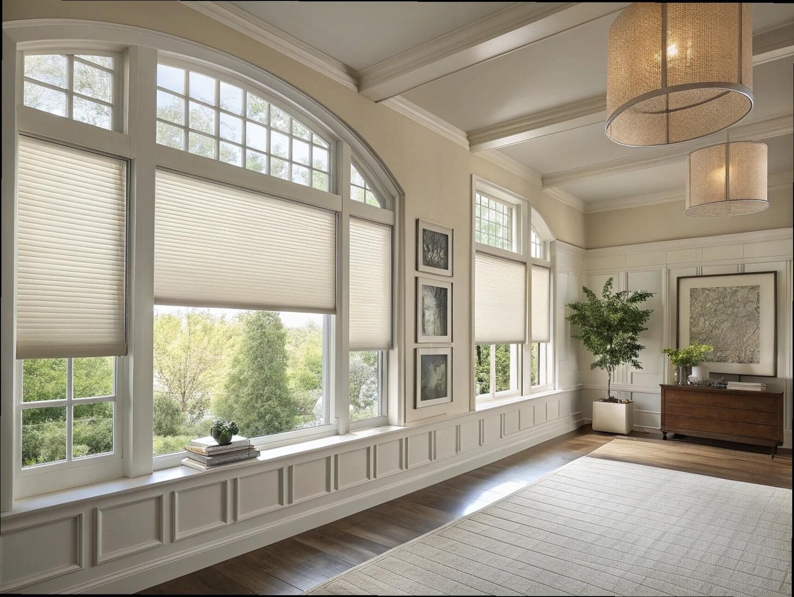 Light-filtering cellular shades custom-fit for large arched windows in a traditional living room.