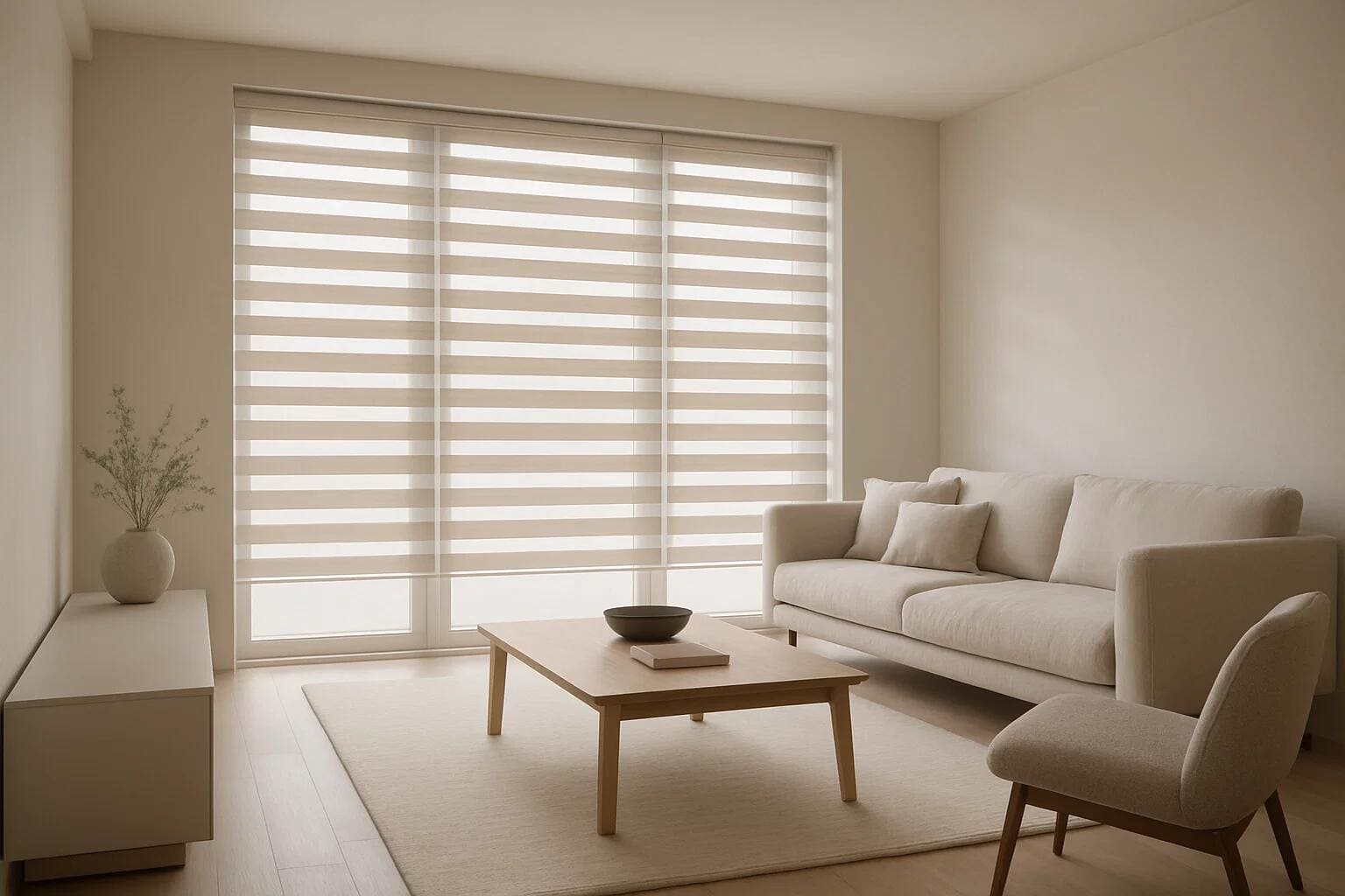 Beige zebra shades provide adjustable light filtering for a minimalist living room setting.