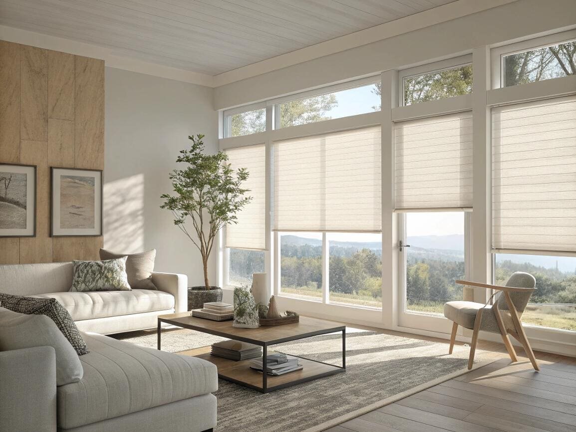 Light-filtering roller shades provide soft, uniform light in a modern living room.