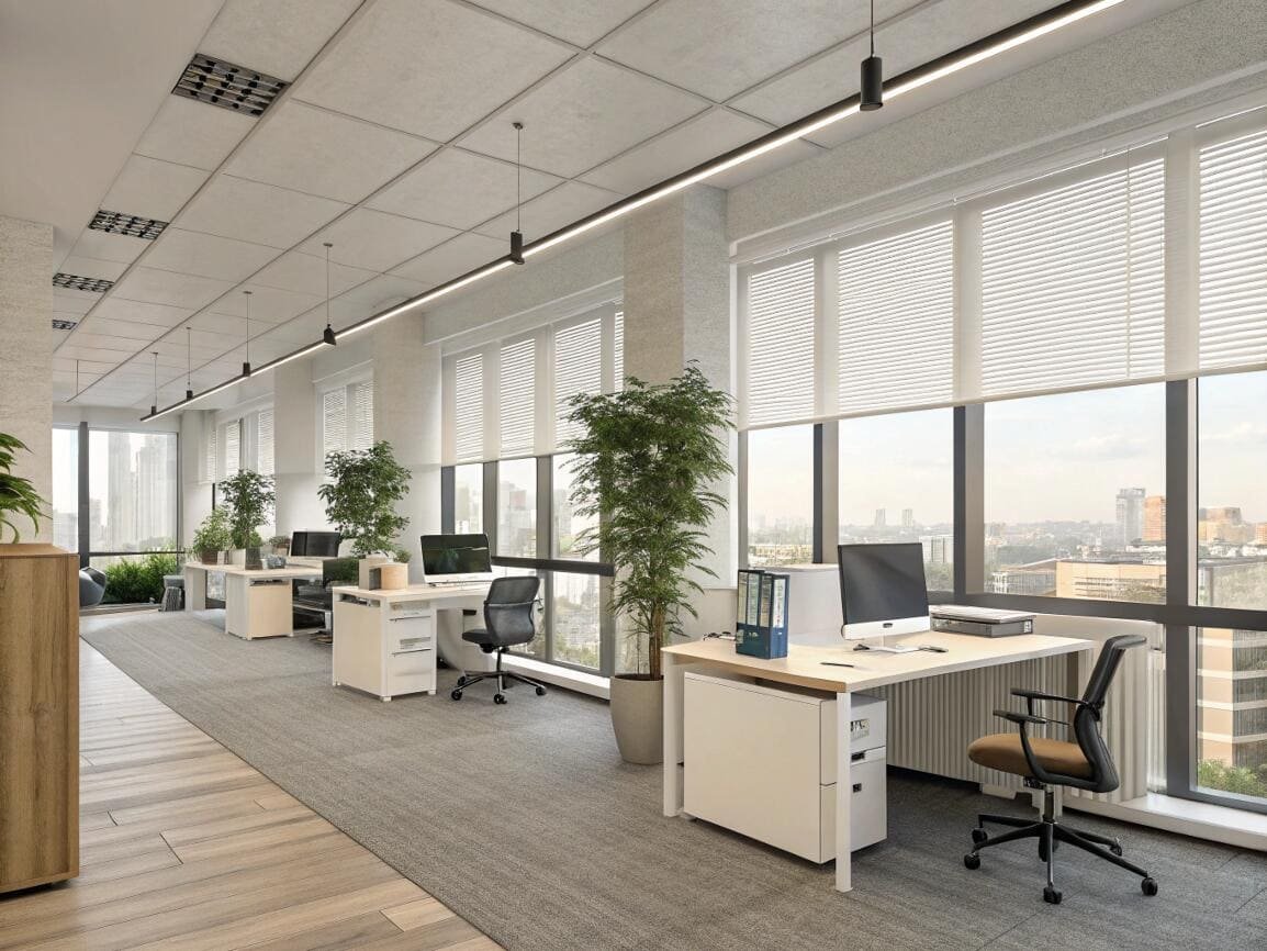 Commercial venetian blinds provide functional light control in a modern open office space.
