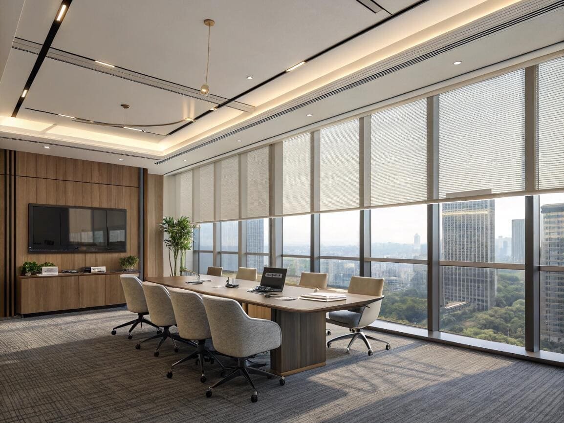 Light-filtering solar shades reduce glare while preserving views in a modern conference room.