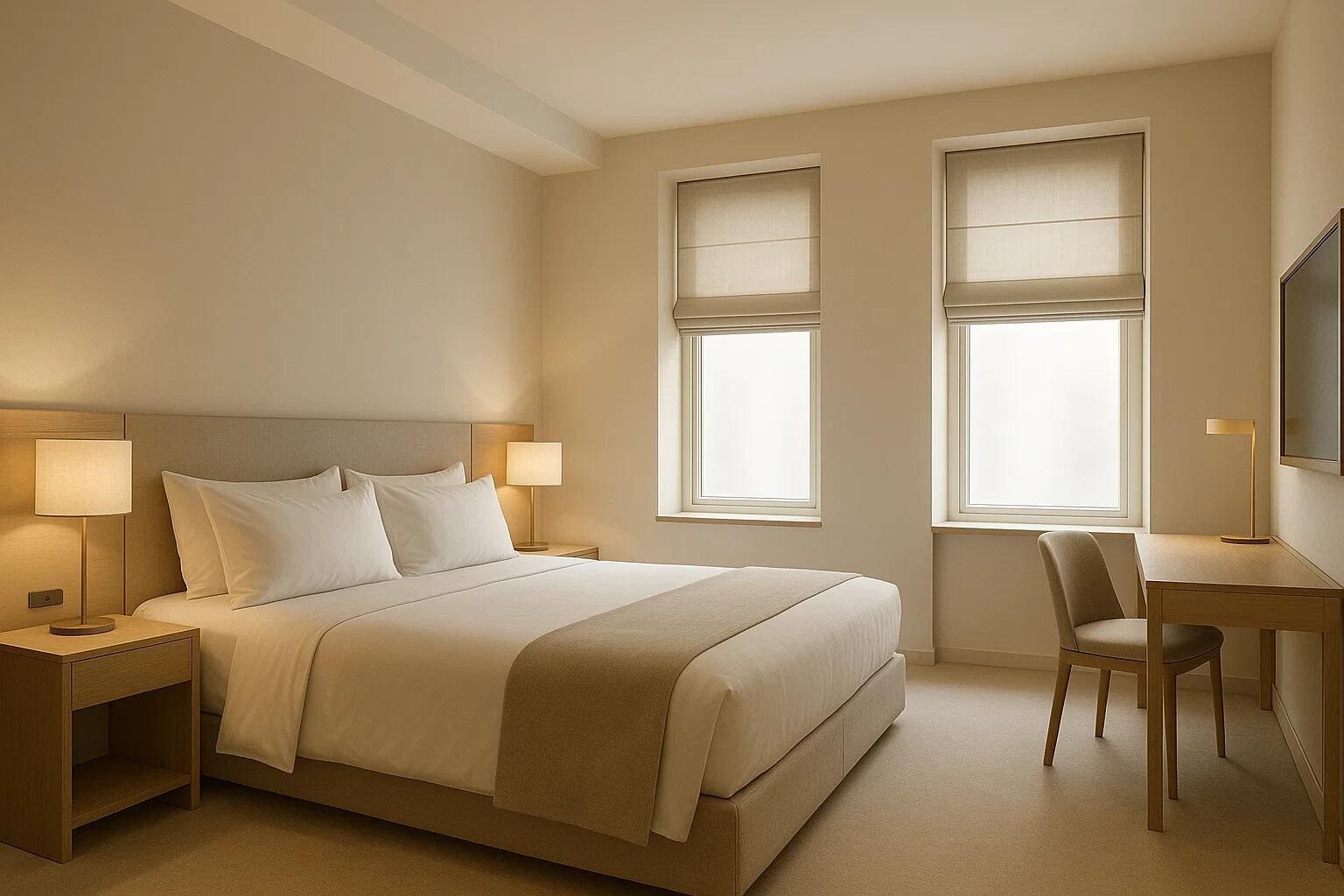 Cream-colored Roman shades offer a clean, minimalist look in a modern hotel bedroom.