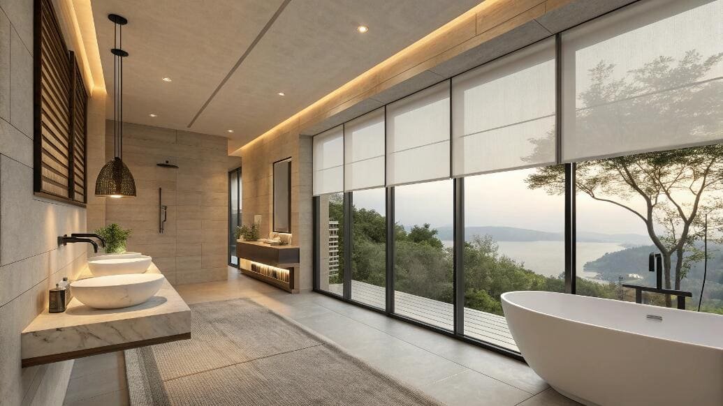 Motorized roller shades offer adjustable privacy for a modern luxury bathroom with lake views.
