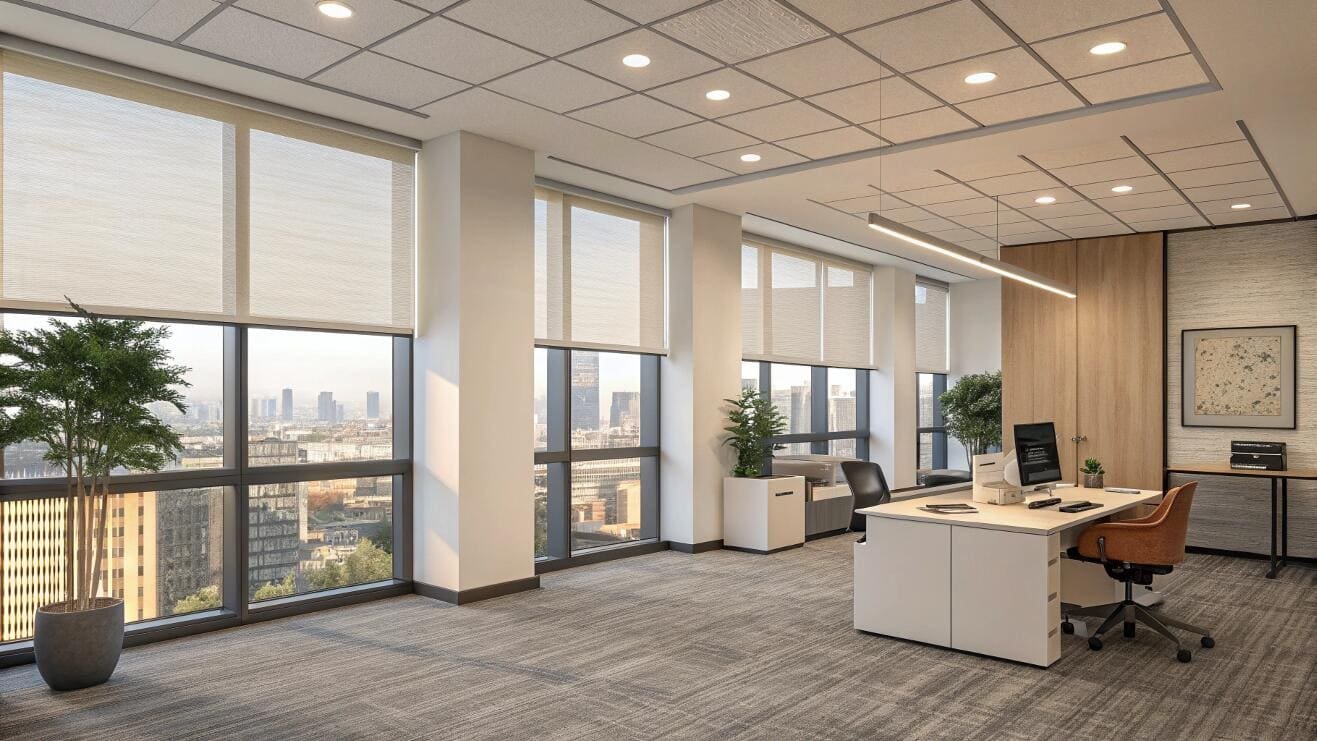 Energy-efficient cellular shades manage light and improve insulation in a modern high-rise office.