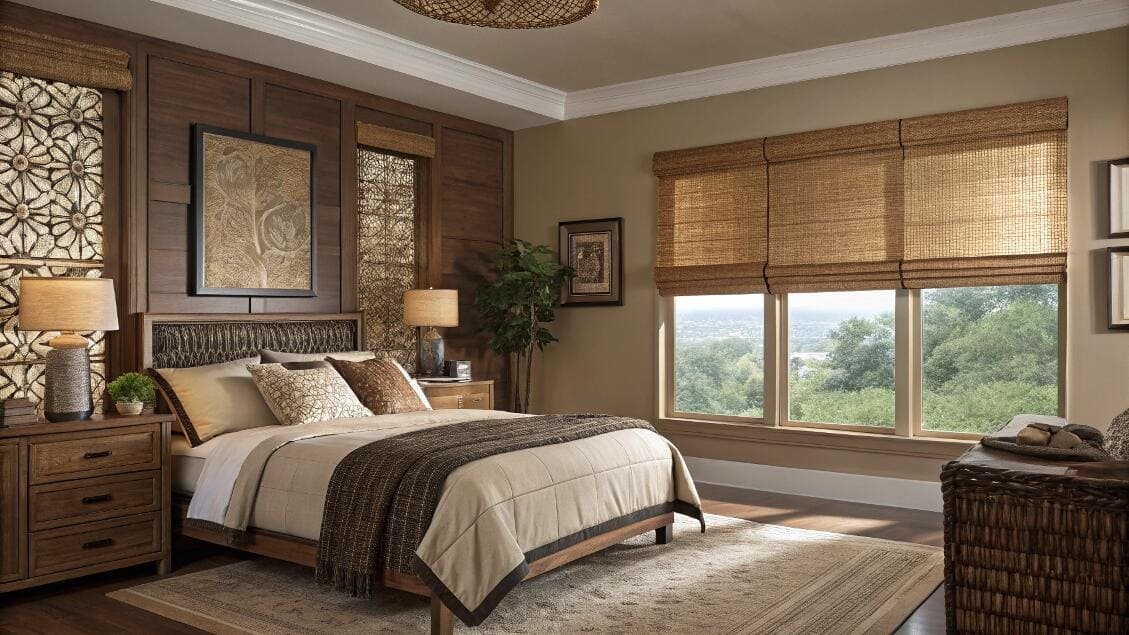 Woven Roman shades add natural texture and warmth to a transitional master bedroom.