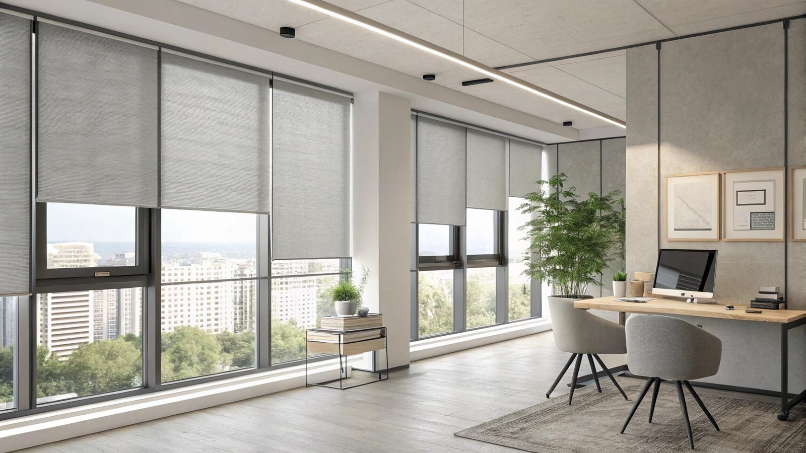 Modern office with light-filtering grey solar shades for glare control and city views.