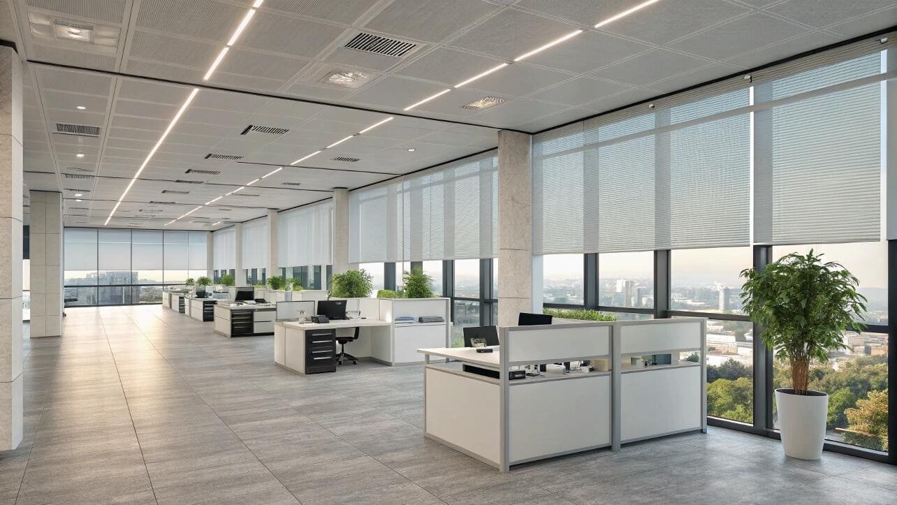 Light-filtering pleated shades offer uniform glare control in a modern open-plan office.