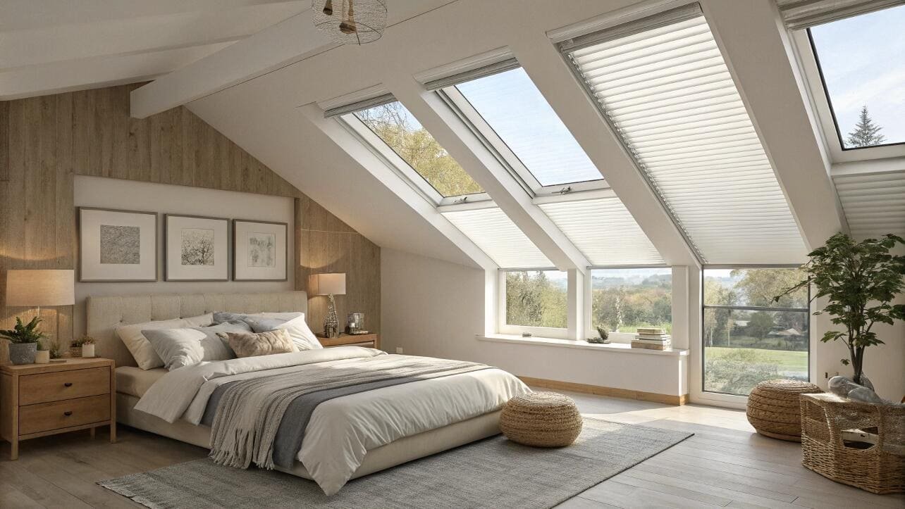 Light-filtering cellular shades installed on skylights in a bright, rustic attic bedroom.