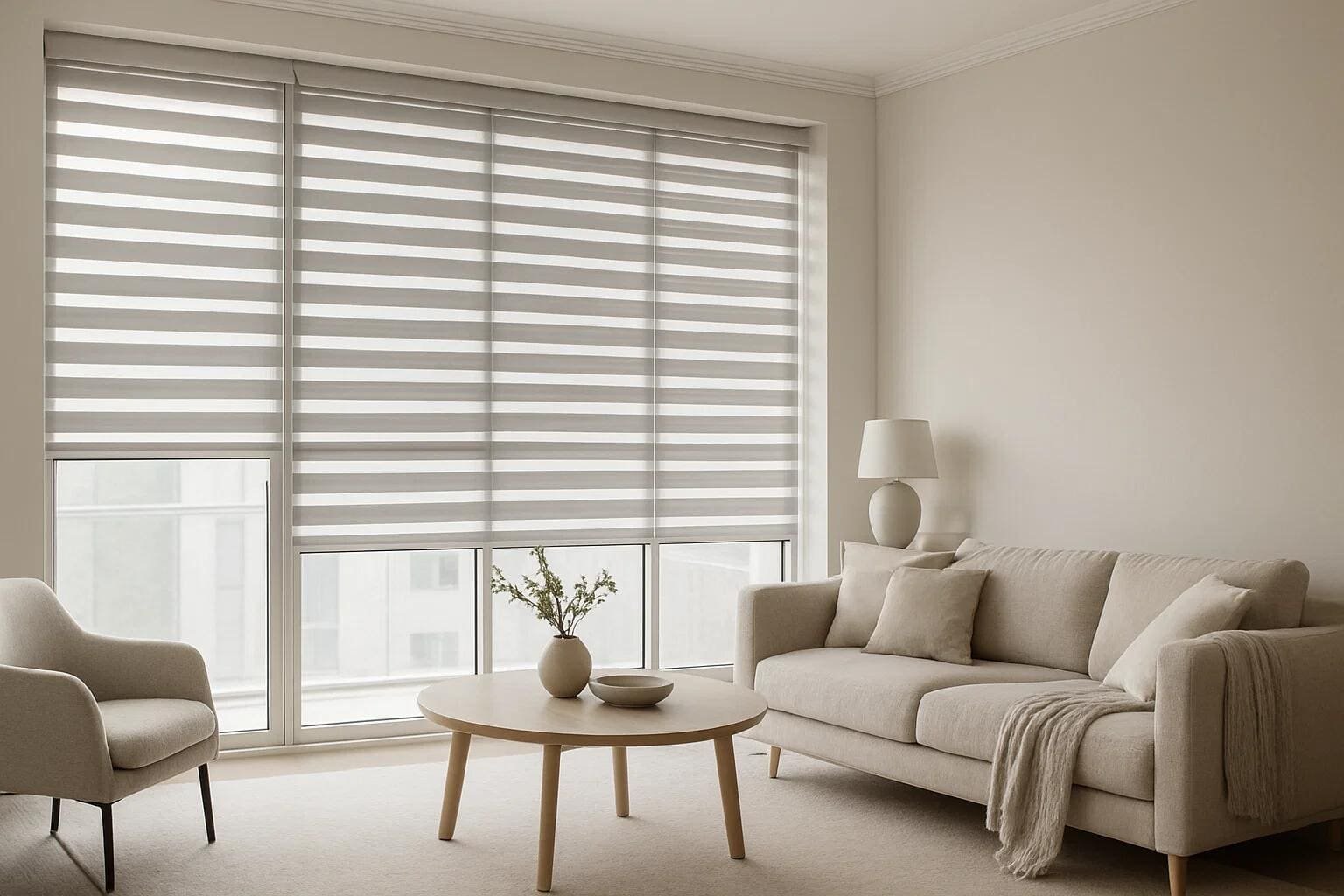 Light gray zebra shades provide adjustable light control in a modern minimalist living room.