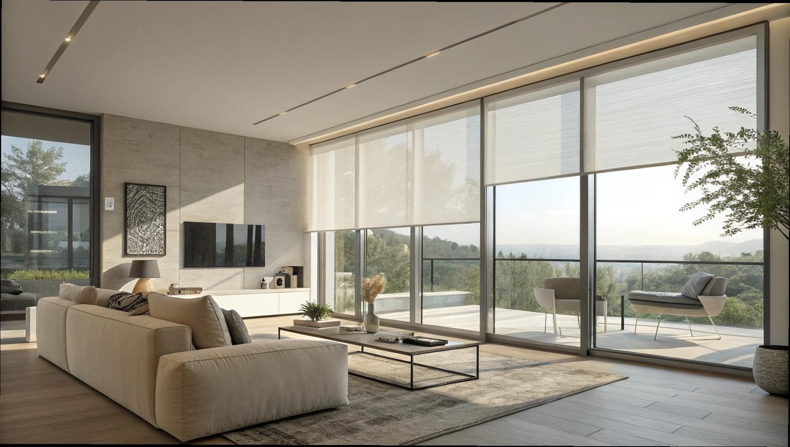 Motorized solar shades preserving the view in a modern living room with large windows.