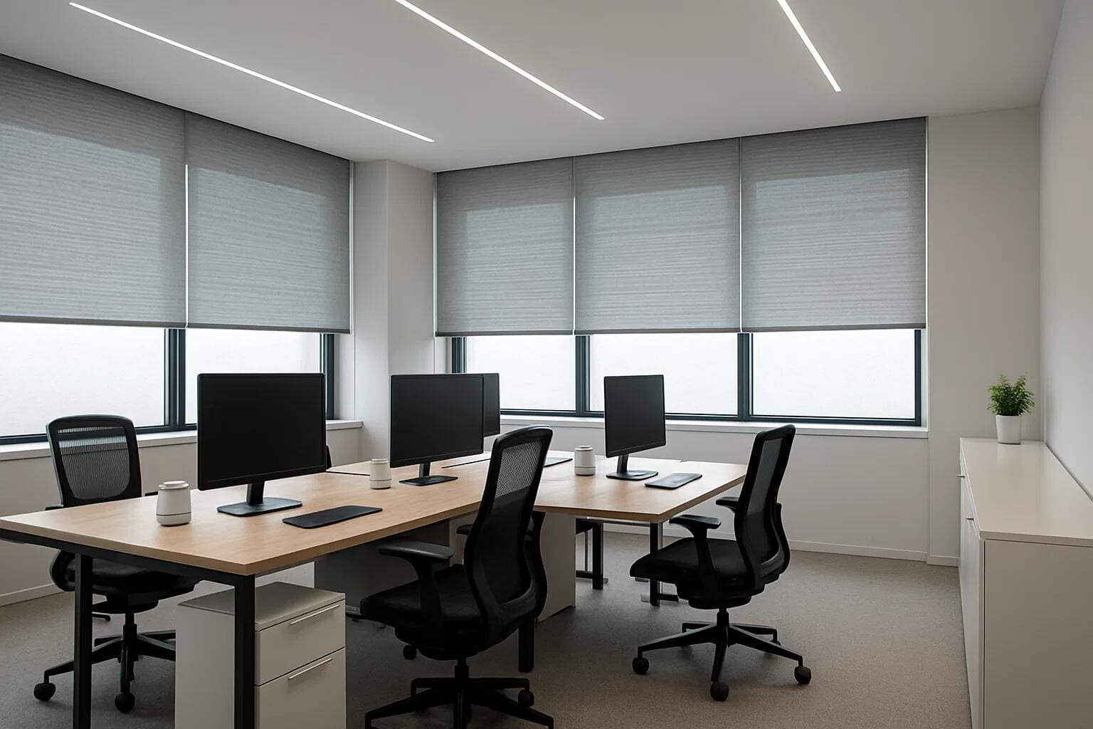 Gray solar shades reduce screen glare in a modern open-plan office workstation area.