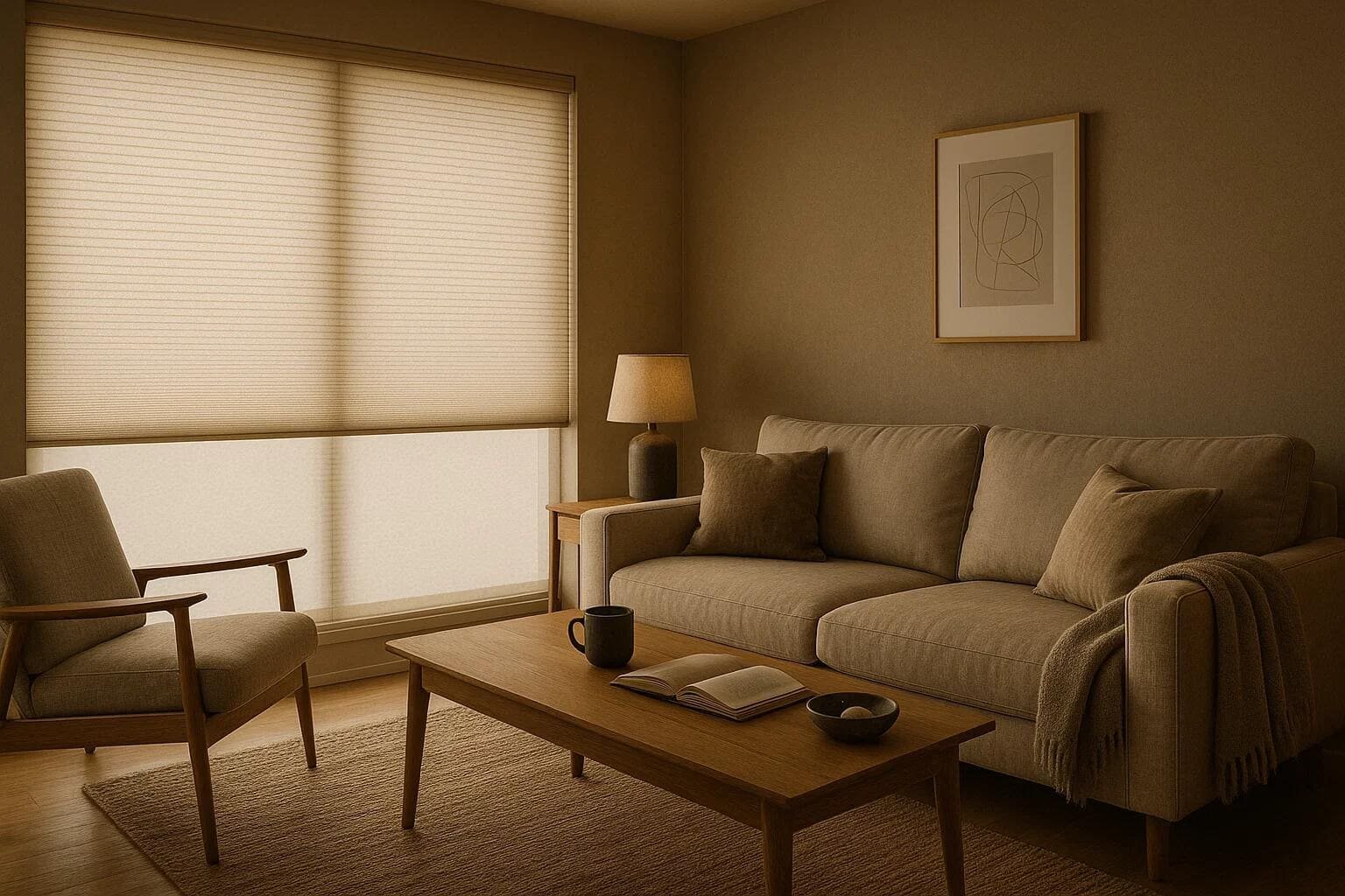 A light-filtering cellular shade creates a warm and inviting atmosphere in a minimalist living room.