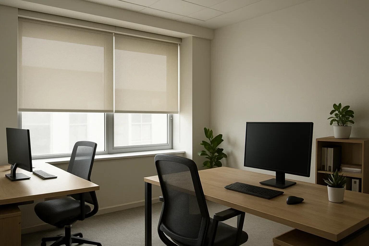 Light-filtering roller shades provide a clean, professional look for a modern office space.