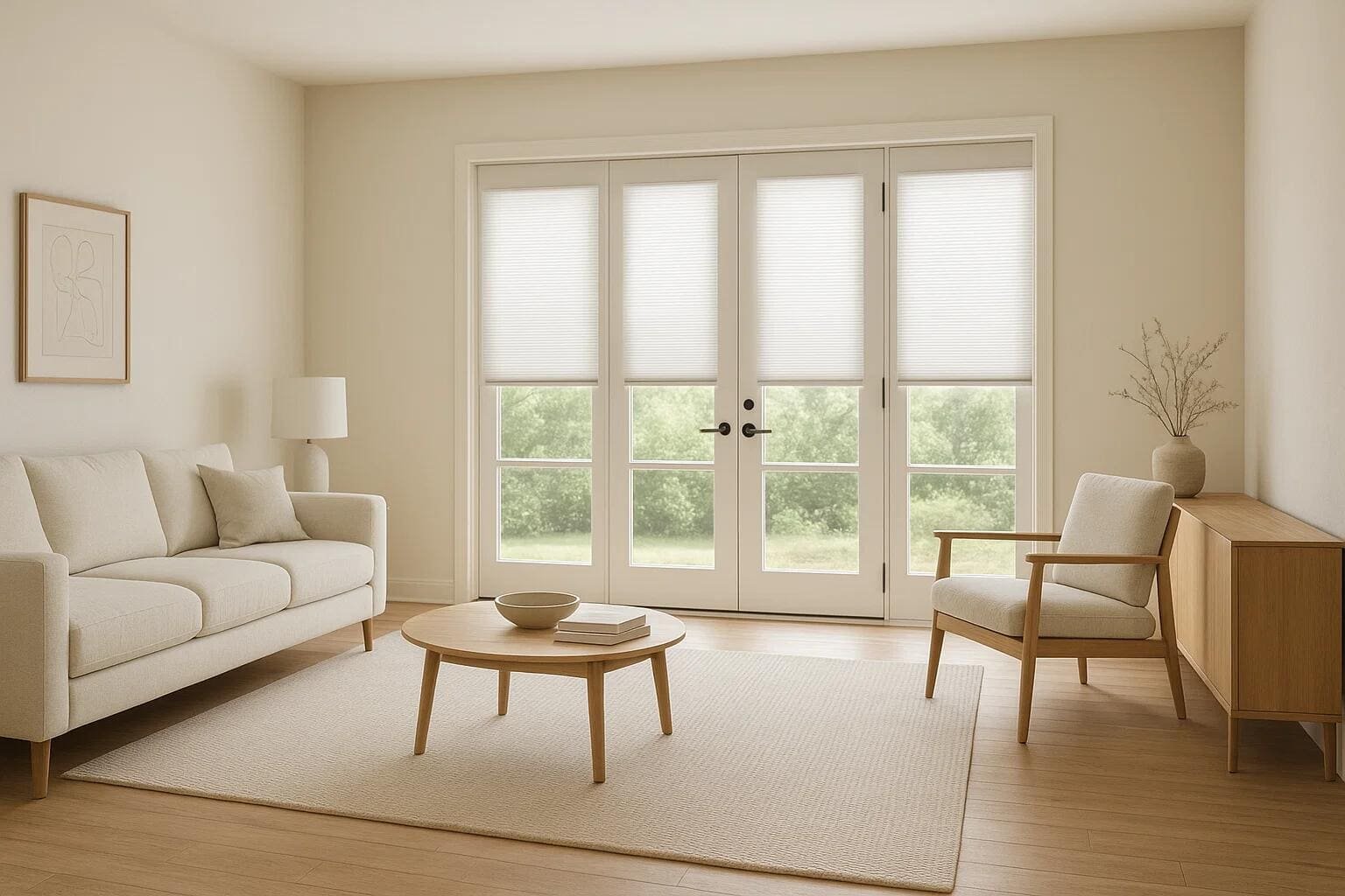 White cellular shades provide privacy and light control for French doors in a minimalist living room.