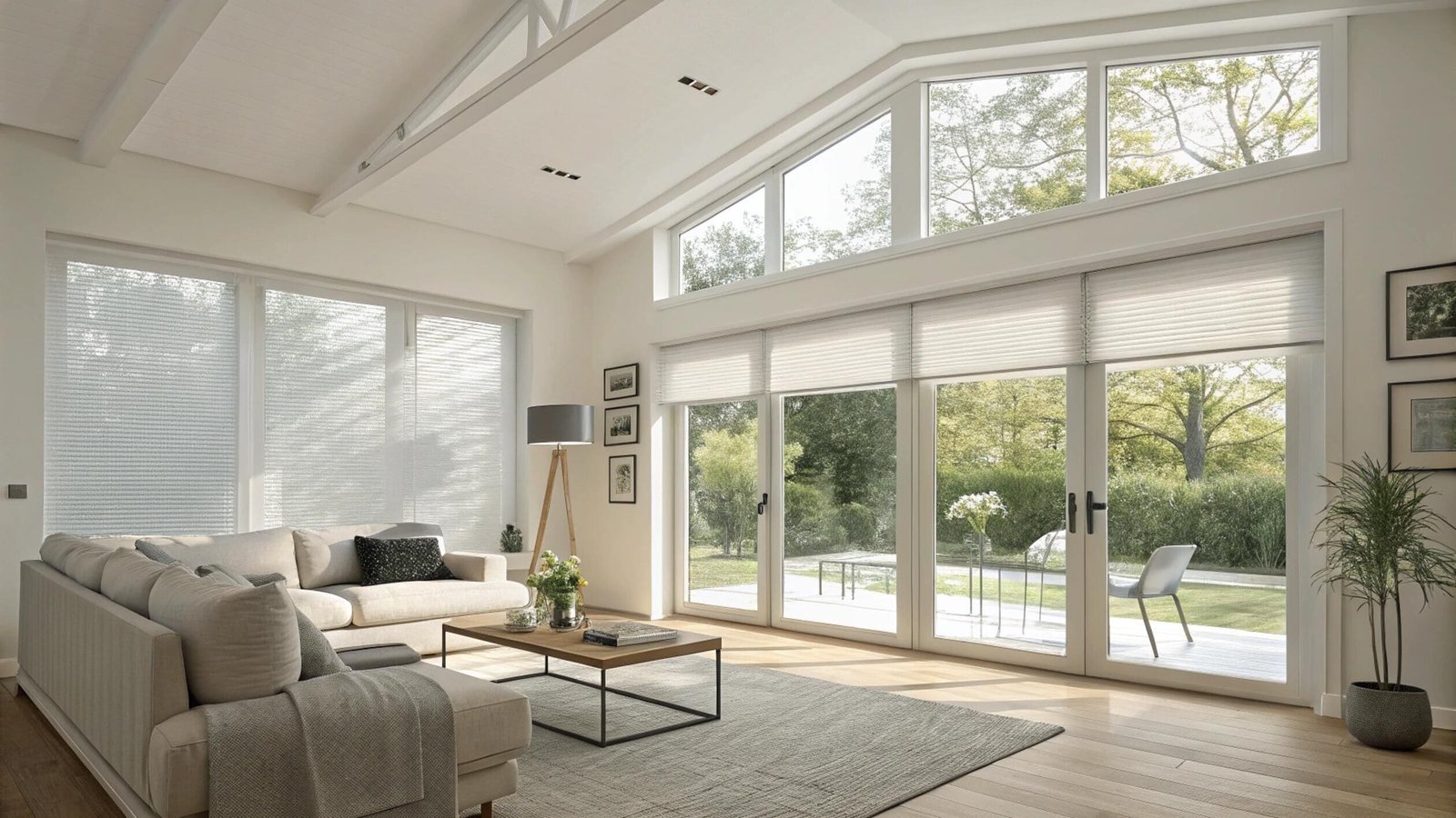 Cellular shades on large sliding doors and custom angled windows in a high-ceiling living room.