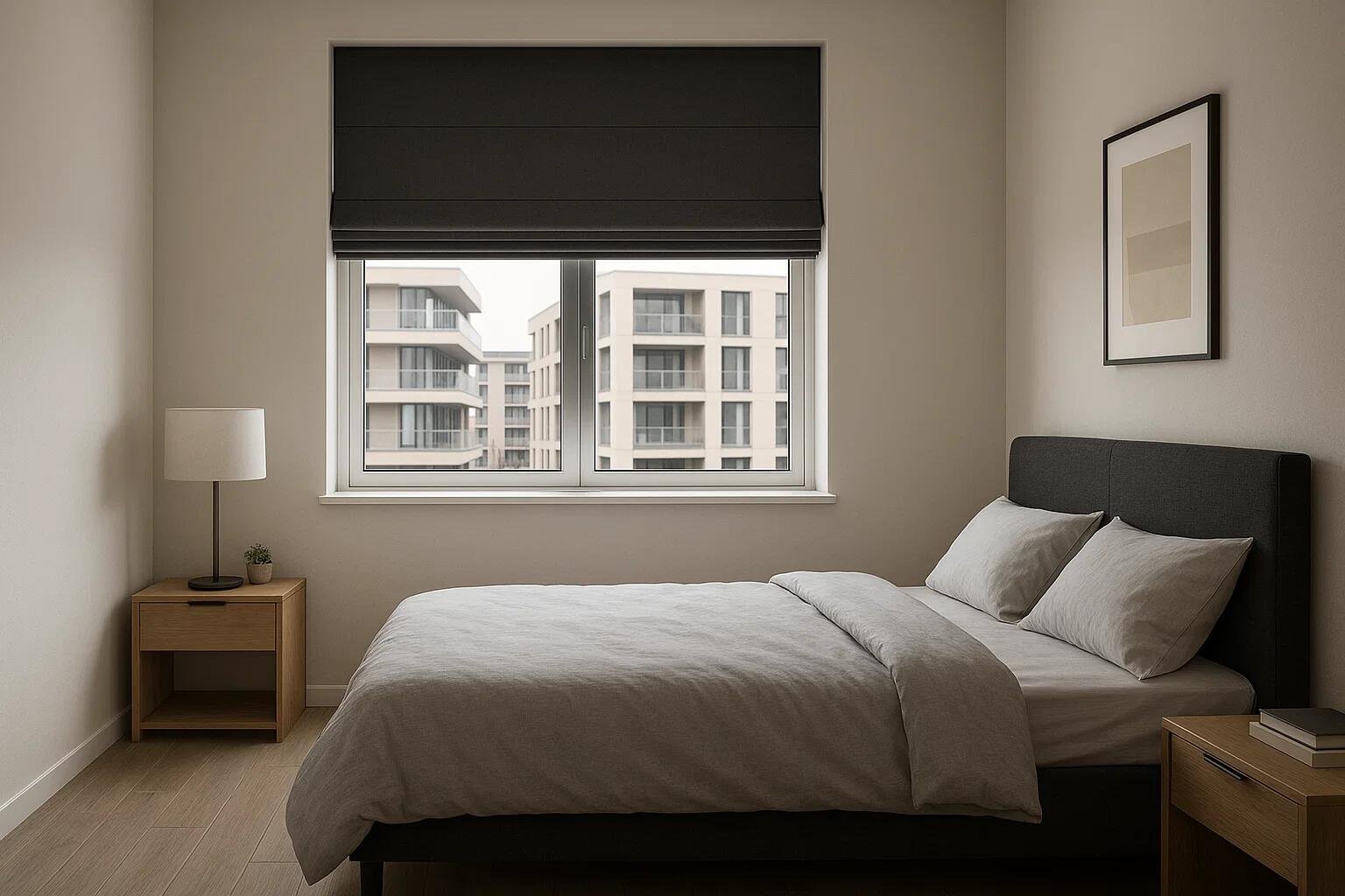 A dark charcoal blackout Roman shade provides complete privacy in a modern minimalist bedroom.