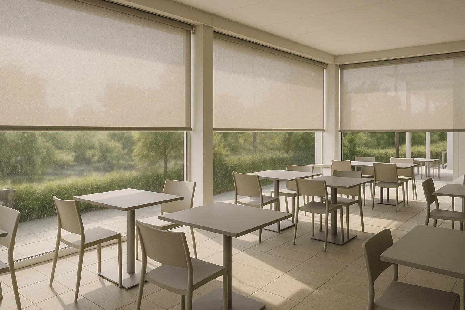 Light-filtering solar shades manage glare in a modern restaurant or cafeteria with large windows.