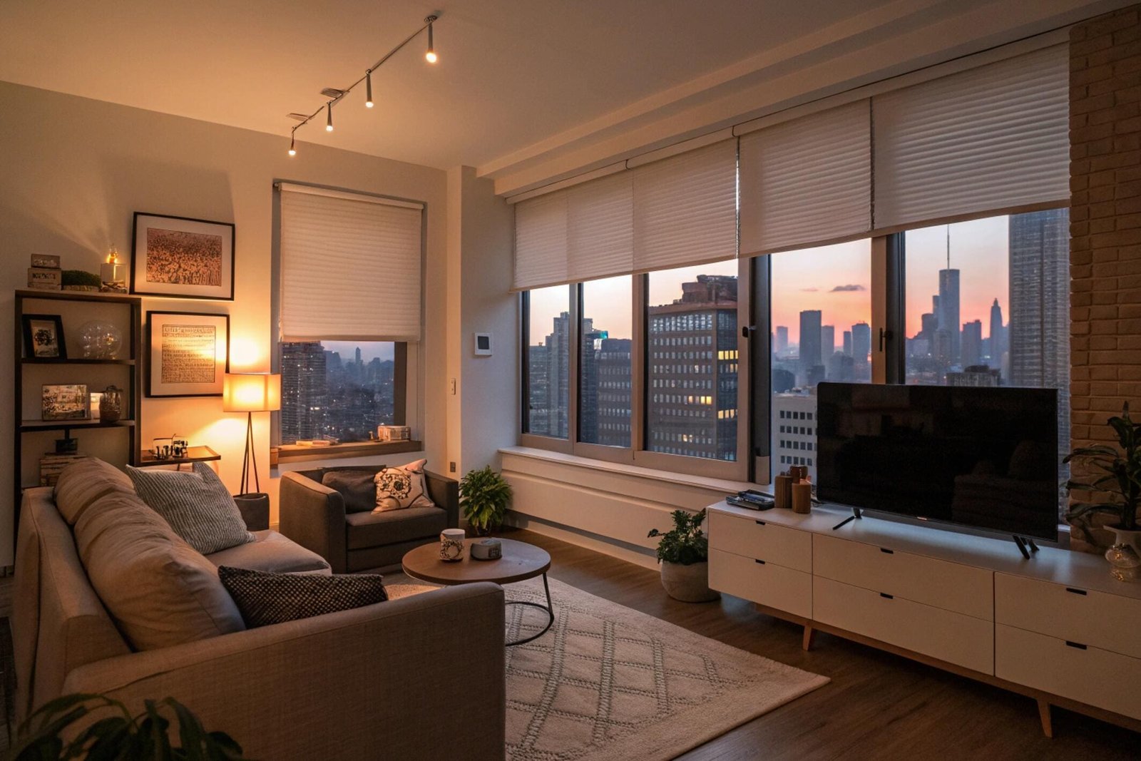 Cellular shades in a modern city apartment living room with a stunning sunset skyline view.