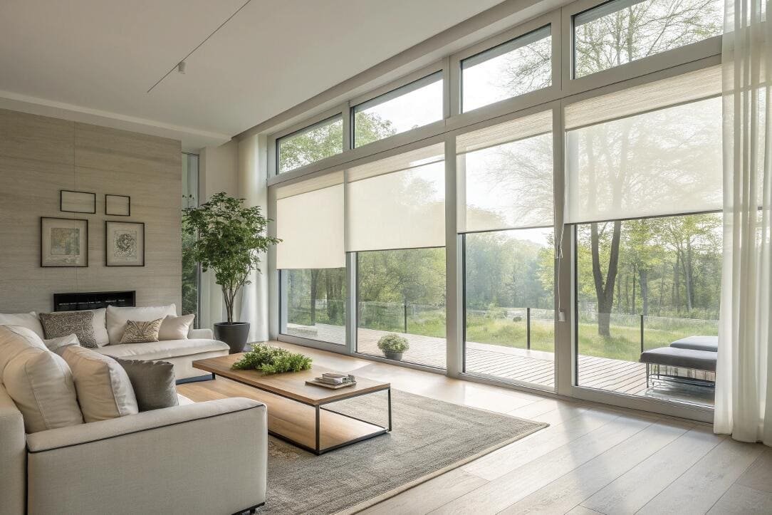 Light-filtering solar shades manage glare on floor-to-ceiling windows in a modern living room.