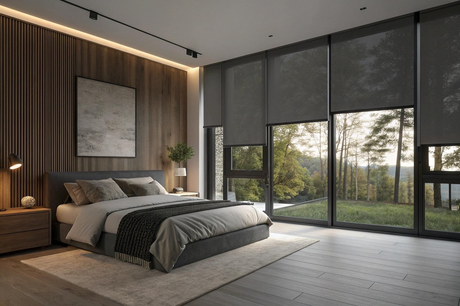 Dark solar shades on large windows in a modern bedroom with a wood accent wall.