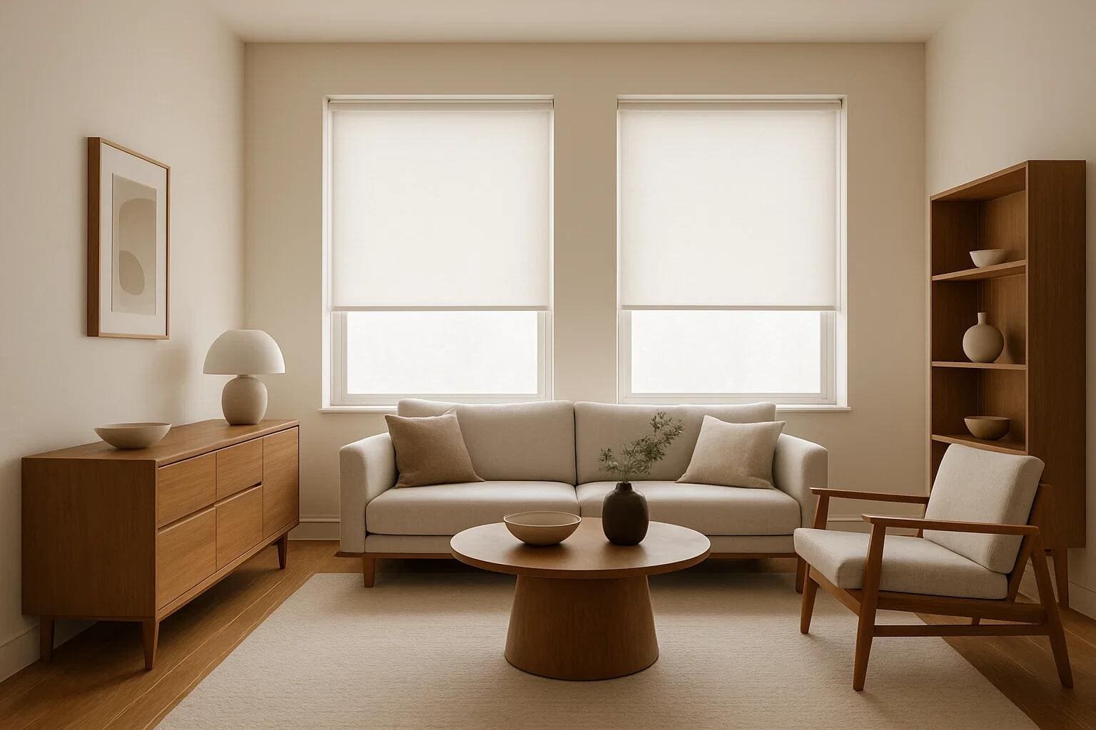 White roller shades create a clean, minimalist look in a modern living room.
