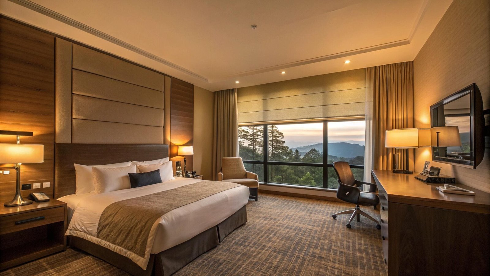 A dual roller shade system with blackout and sheer layers in a luxury hotel room.