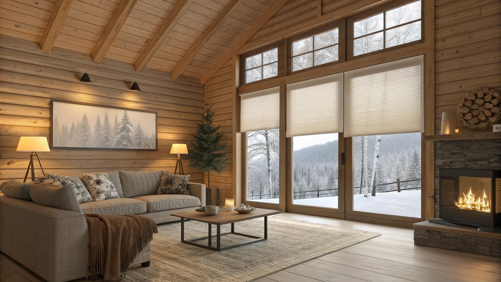 Top-down insulating cellular shades keeping a rustic log cabin living room warm.