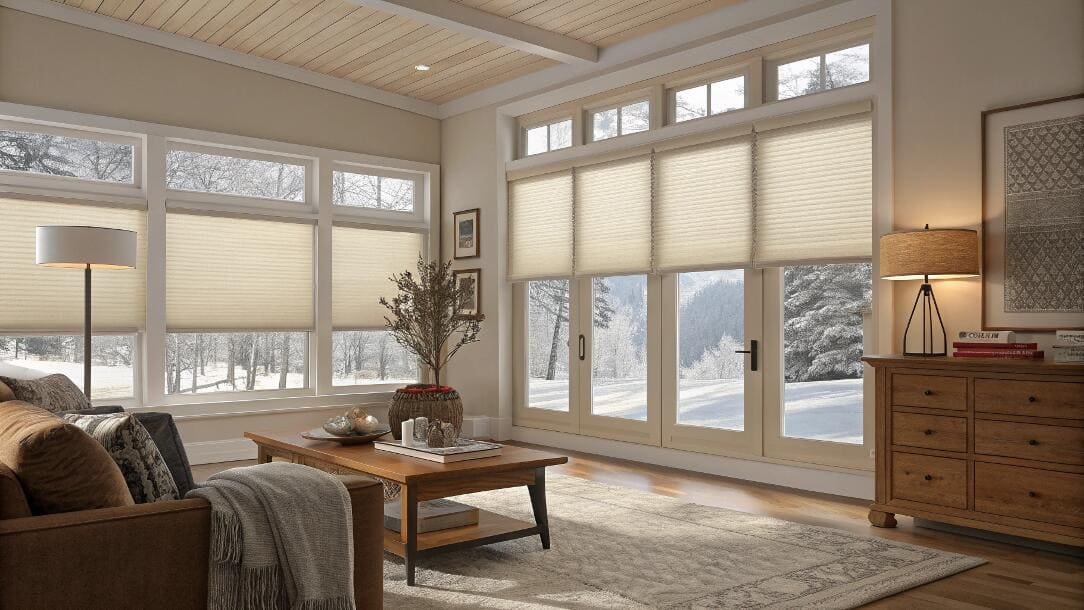 Cream-colored cellular shades insulating a cozy living room with a snowy view.