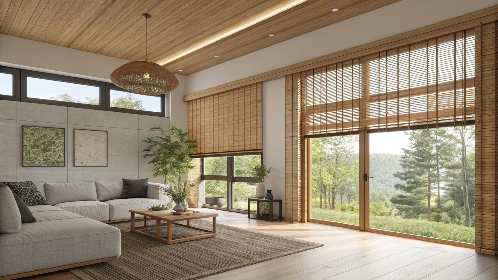 Woven wood shades in a modern living room with large windows and natural materials.