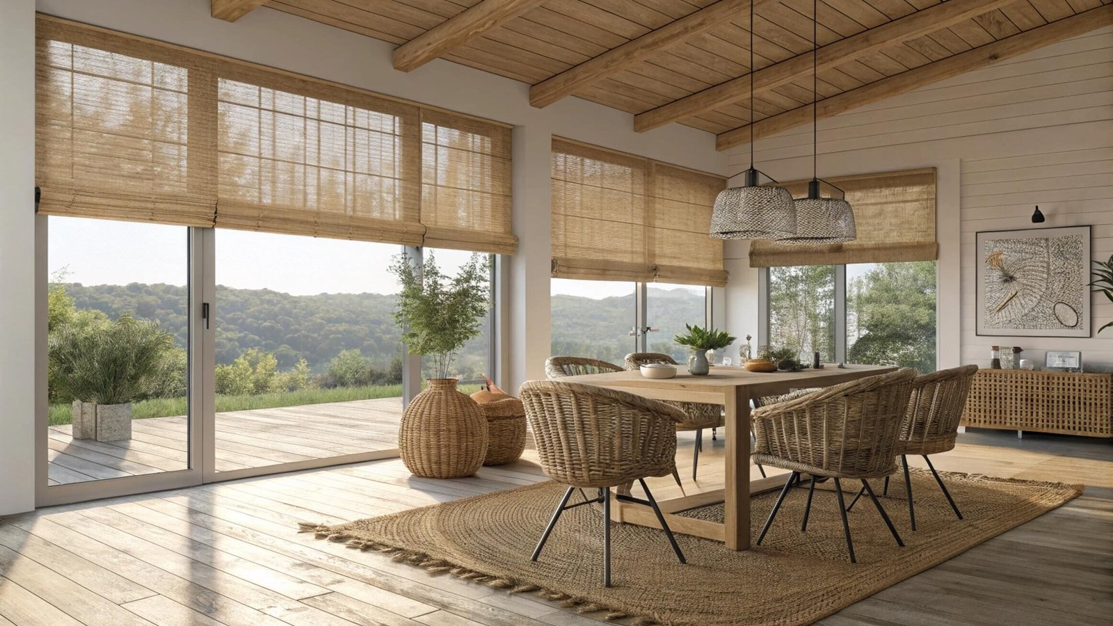 Woven Roman shades in a rustic dining room with a scenic hilly view.