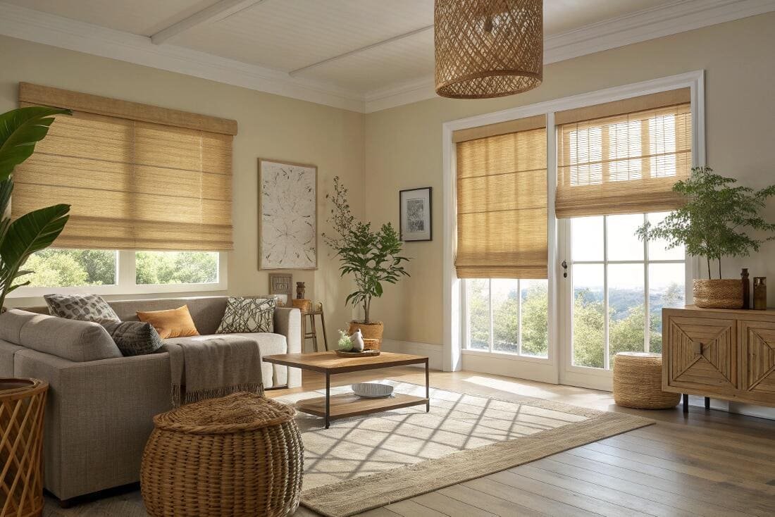 Natural woven Roman shades enhance the warm, organic aesthetic of a sunlit living room.