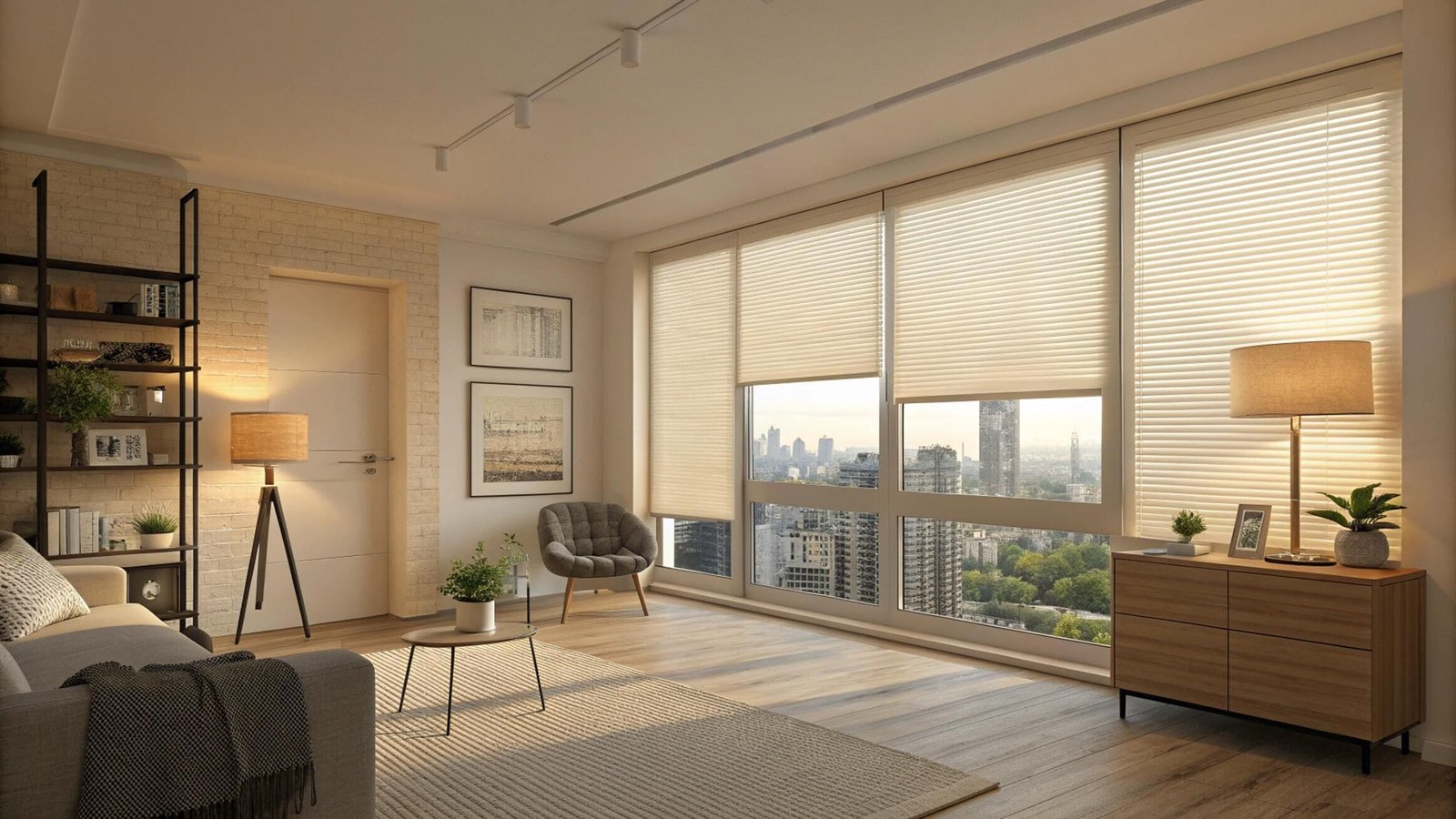 Top-down bottom-up cellular shades in a modern apartment with a city skyline view.