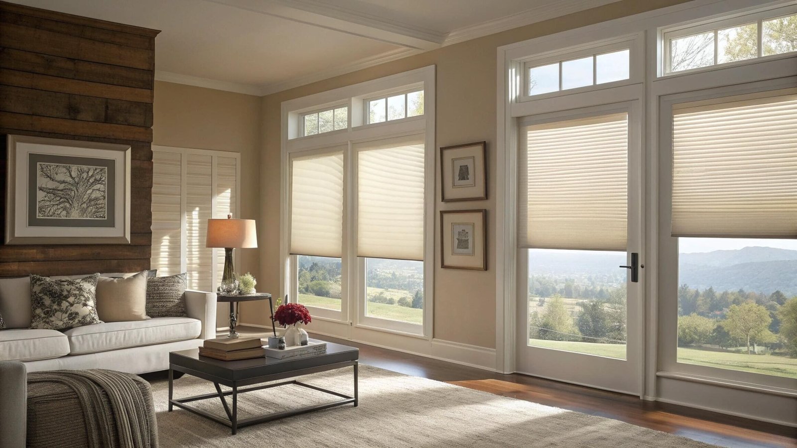 Top-down cellular shades in a luxury apartment overlooking a modern city skyline.