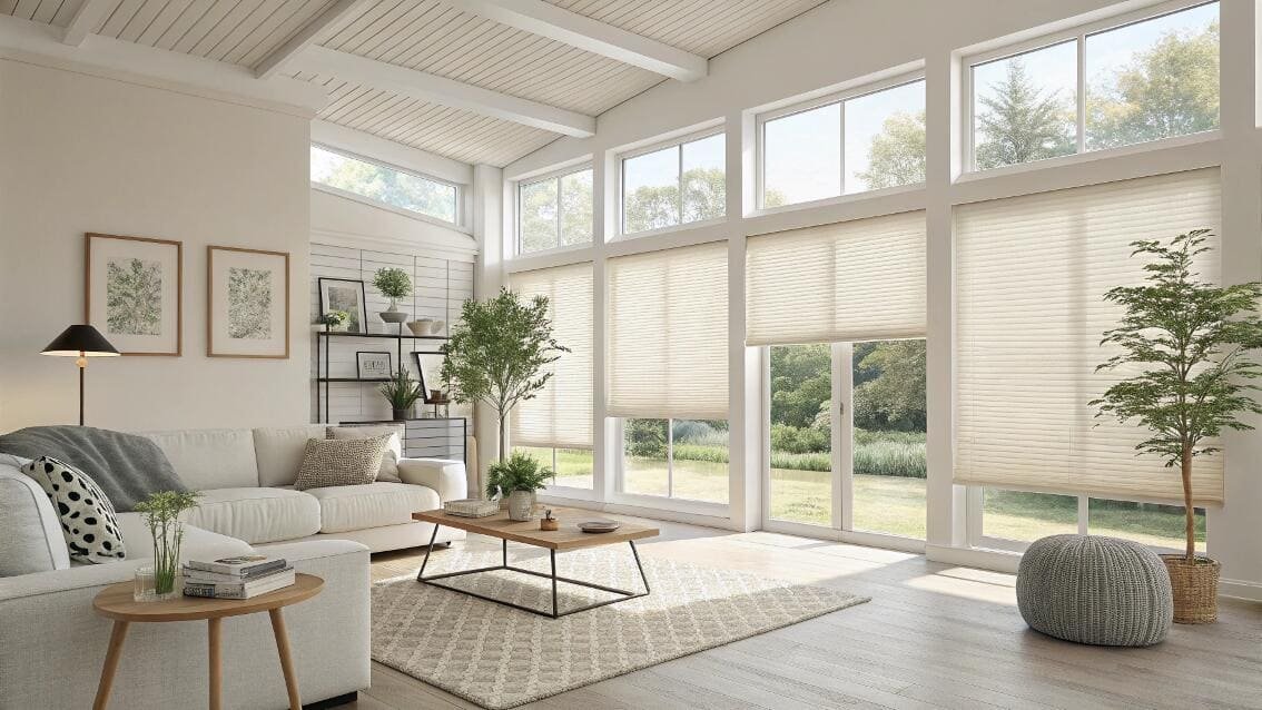 Light-filtering cellular shades in a sunlit living room with high vaulted ceilings.