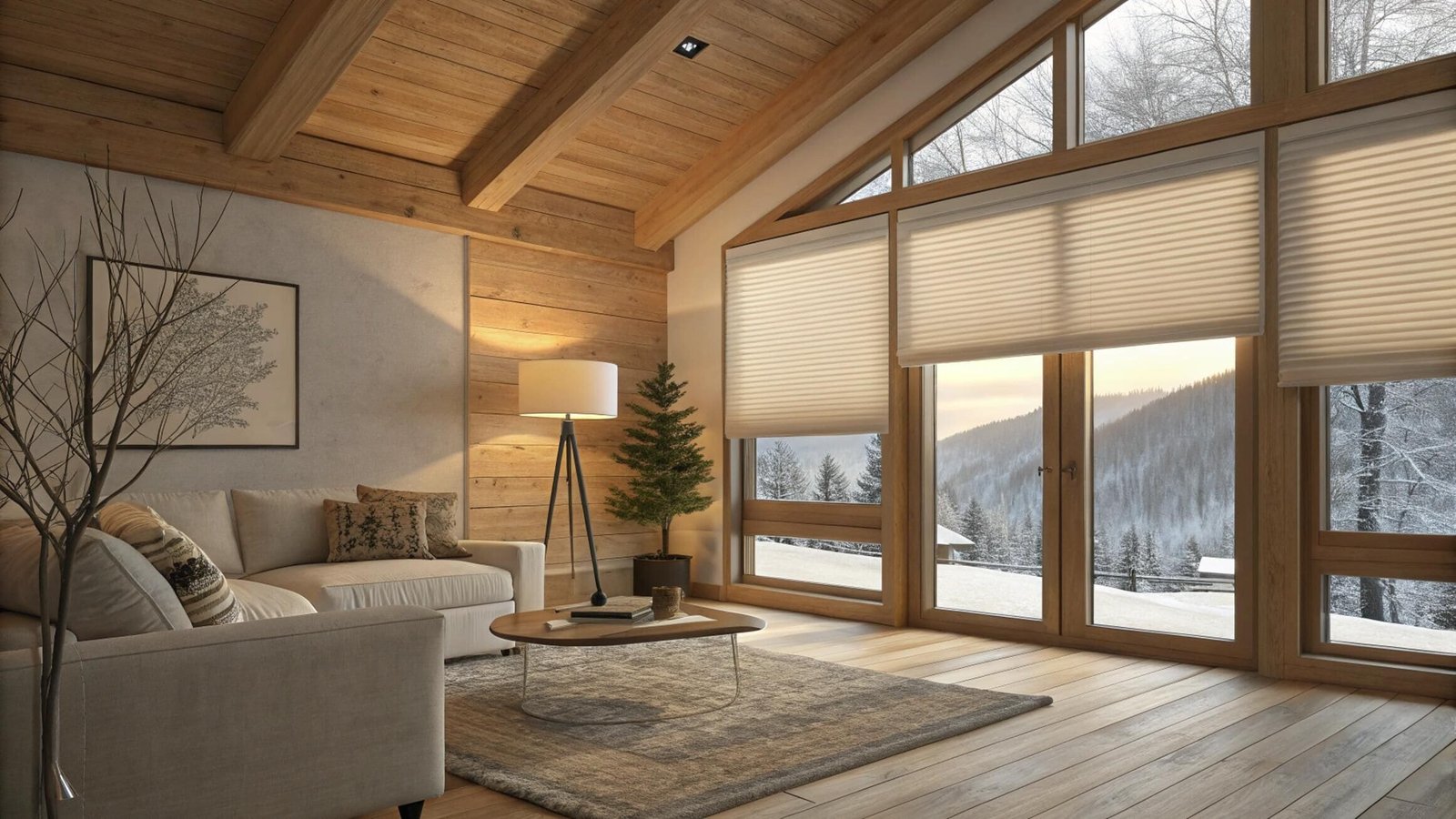 Insulating cellular shades in a modern A-frame chalet with snowy mountain views.