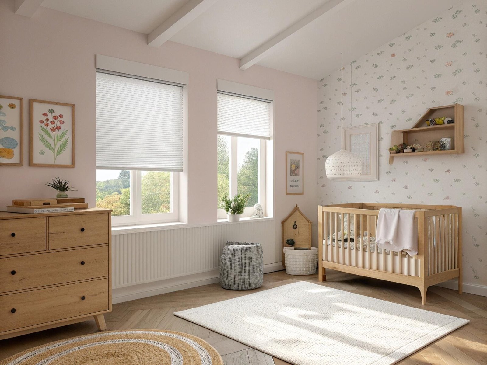 White cordless cellular shades in a bright, modern nursery with a wooden crib.