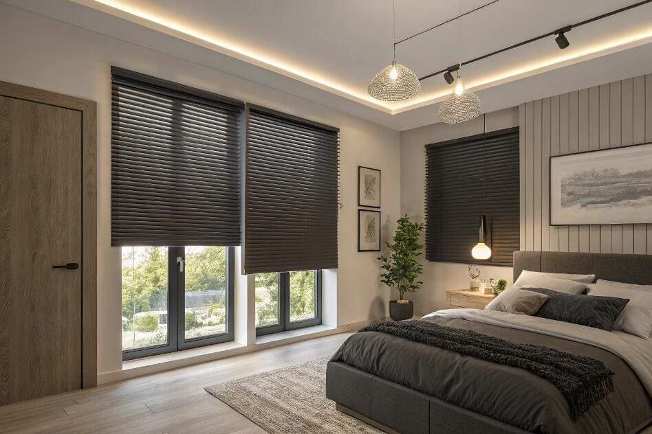 Black faux wood blinds offer superior light control and privacy in a modern bedroom.
