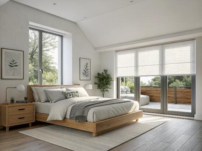 White light-filtering Roman shades in a bright, modern bedroom with vaulted ceiling.